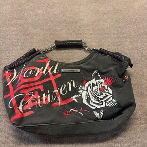 Ed Hardy Black and Red Shoulder Bag with Rose Design vintage